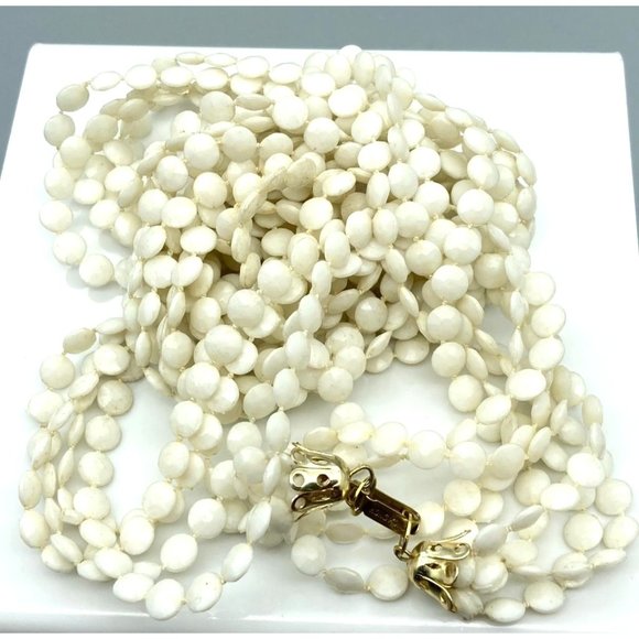 Vintage Plastic Multi Strand Necklace, Hong Kong, Basic White Round Beads, Four - Picture 5 of 6